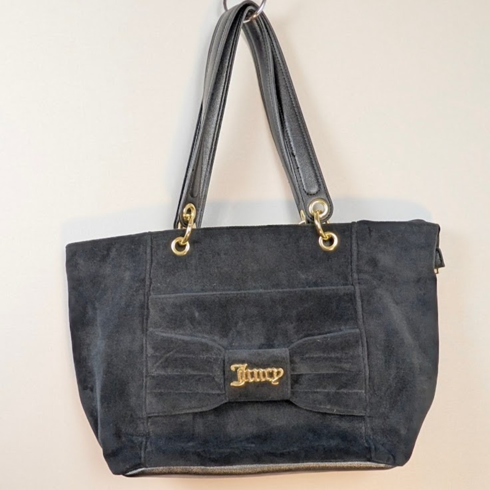 Juicy Couture Tote Bag Women OS Black‎ Velour Bow Gold Logo Zipper Handbag